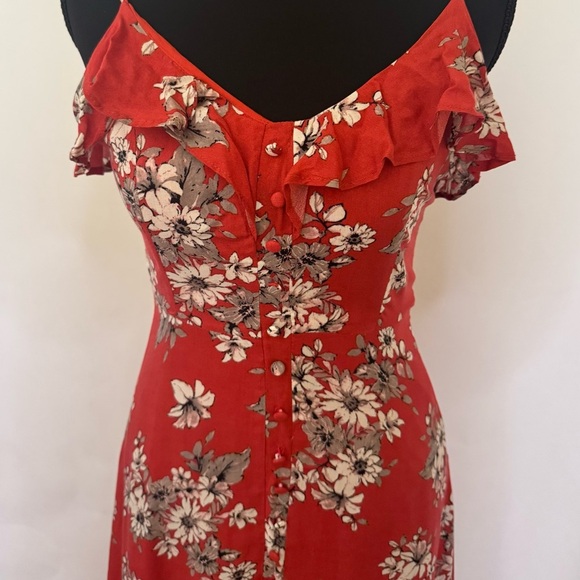 Lulus Bloom On Rust Floral Print Long Maxi Dress w/Side Slit, Red, Size XS - Picture 8 of 16